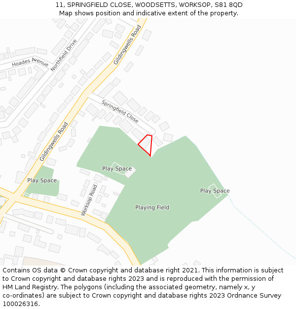 11, SPRINGFIELD CLOSE, WOODSETTS, WORKSOP, S81 8QD: Location map and indicative extent of plot