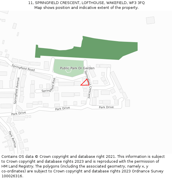 11, SPRINGFIELD CRESCENT, LOFTHOUSE, WAKEFIELD, WF3 3FQ: Location map and indicative extent of plot