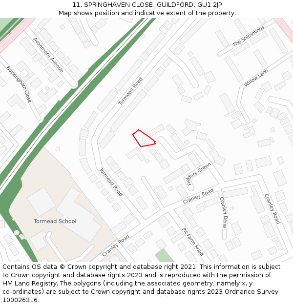 11, SPRINGHAVEN CLOSE, GUILDFORD, GU1 2JP: Location map and indicative extent of plot
