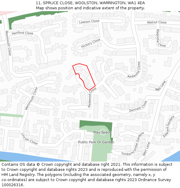 11, SPRUCE CLOSE, WOOLSTON, WARRINGTON, WA1 4EA: Location map and indicative extent of plot
