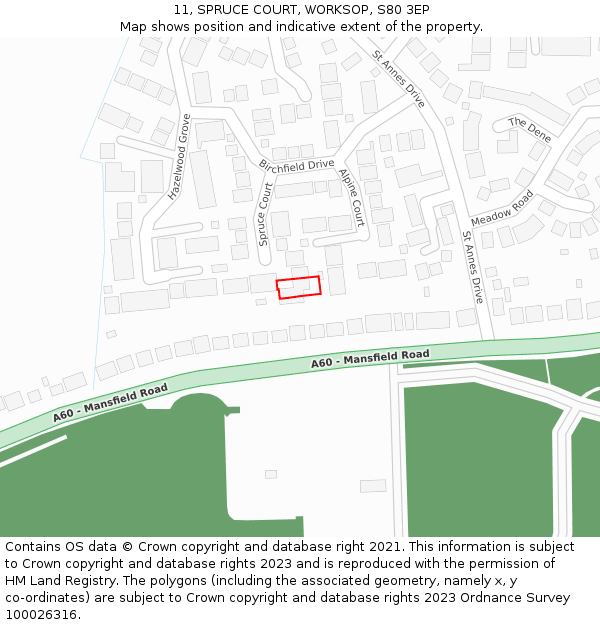 11, SPRUCE COURT, WORKSOP, S80 3EP: Location map and indicative extent of plot