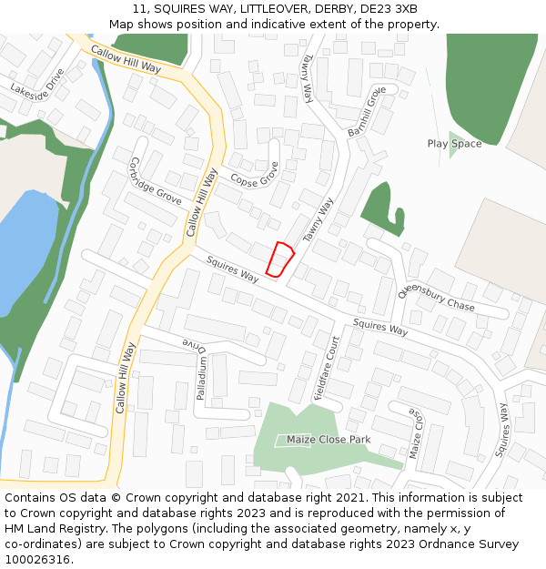 11, SQUIRES WAY, LITTLEOVER, DERBY, DE23 3XB: Location map and indicative extent of plot