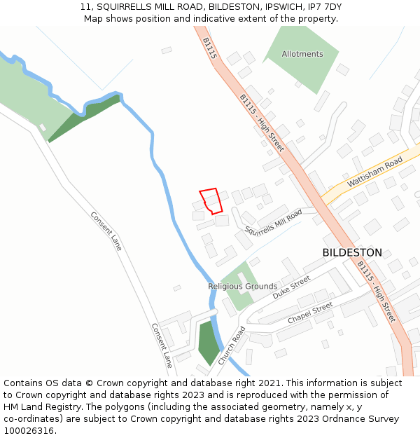 11, SQUIRRELLS MILL ROAD, BILDESTON, IPSWICH, IP7 7DY: Location map and indicative extent of plot