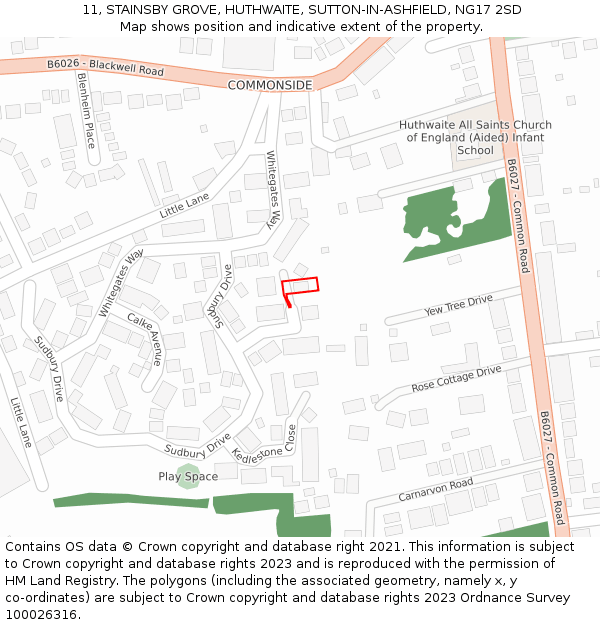 11, STAINSBY GROVE, HUTHWAITE, SUTTON-IN-ASHFIELD, NG17 2SD: Location map and indicative extent of plot