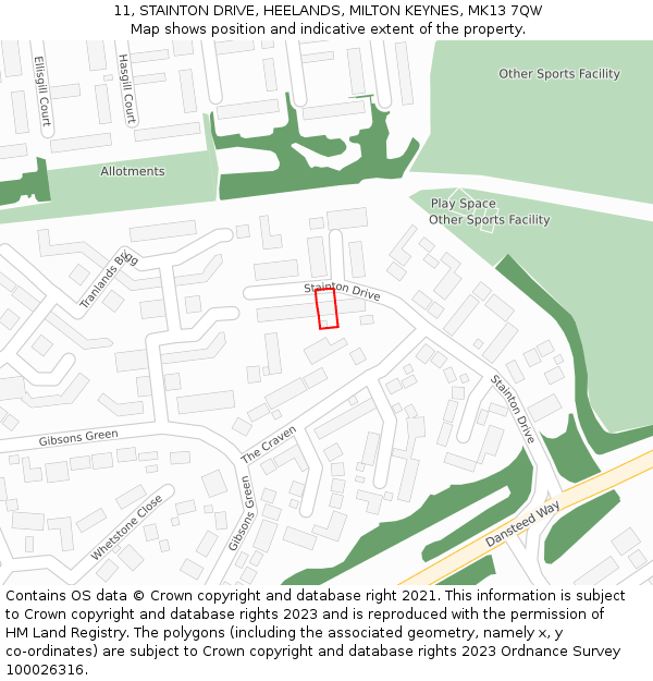 11, STAINTON DRIVE, HEELANDS, MILTON KEYNES, MK13 7QW: Location map and indicative extent of plot