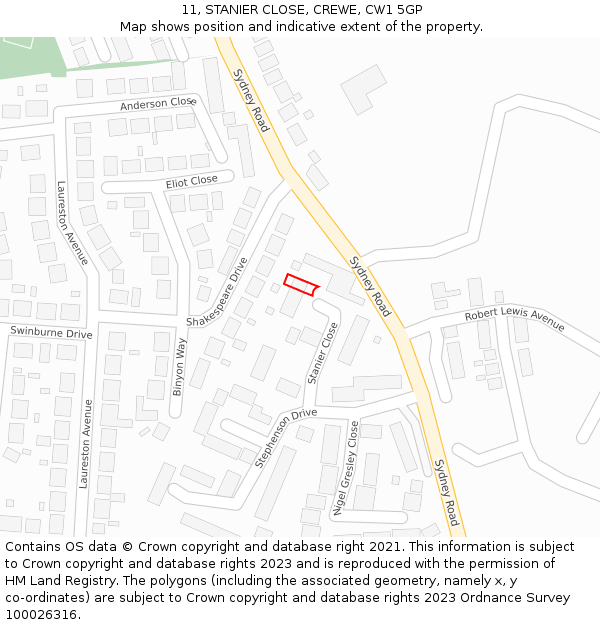 11, STANIER CLOSE, CREWE, CW1 5GP: Location map and indicative extent of plot