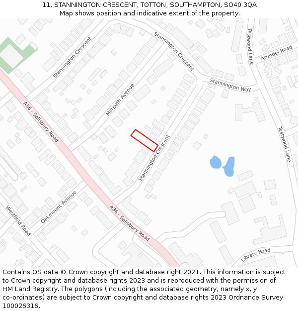 11, STANNINGTON CRESCENT, TOTTON, SOUTHAMPTON, SO40 3QA: Location map and indicative extent of plot