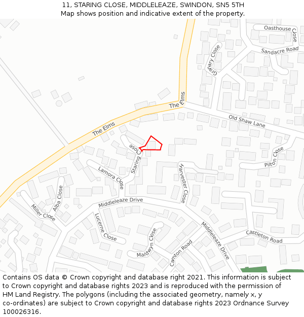 11, STARING CLOSE, MIDDLELEAZE, SWINDON, SN5 5TH: Location map and indicative extent of plot