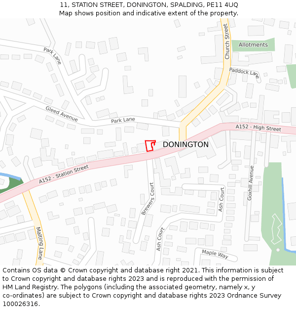 11, STATION STREET, DONINGTON, SPALDING, PE11 4UQ: Location map and indicative extent of plot