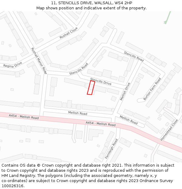 11, STENCILLS DRIVE, WALSALL, WS4 2HP: Location map and indicative extent of plot
