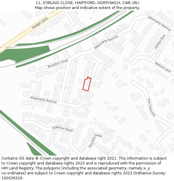 11, STIRLING CLOSE, HARTFORD, NORTHWICH, CW8 1RU: Location map and indicative extent of plot