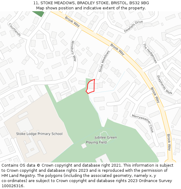 11, STOKE MEADOWS, BRADLEY STOKE, BRISTOL, BS32 9BG: Location map and indicative extent of plot