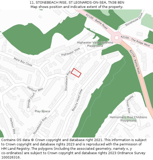 11, STONEBEACH RISE, ST LEONARDS-ON-SEA, TN38 8EN: Location map and indicative extent of plot
