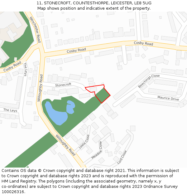 11, STONECROFT, COUNTESTHORPE, LEICESTER, LE8 5UG: Location map and indicative extent of plot