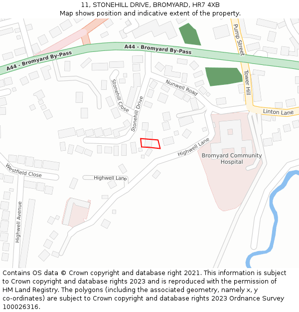 11, STONEHILL DRIVE, BROMYARD, HR7 4XB: Location map and indicative extent of plot