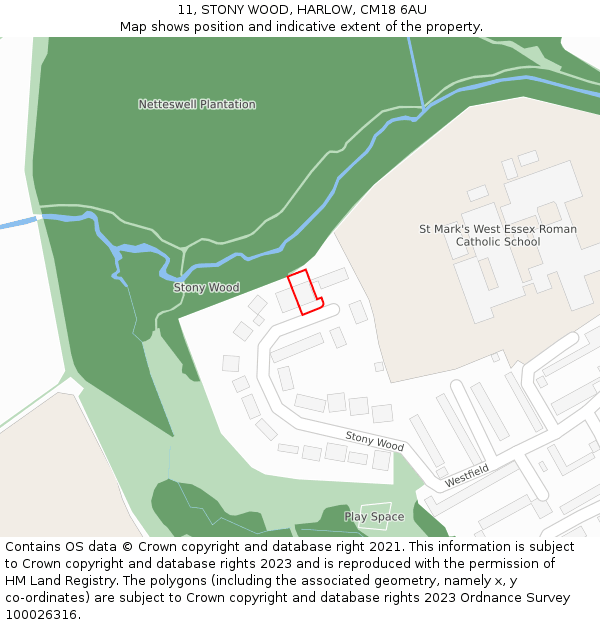 11, STONY WOOD, HARLOW, CM18 6AU: Location map and indicative extent of plot