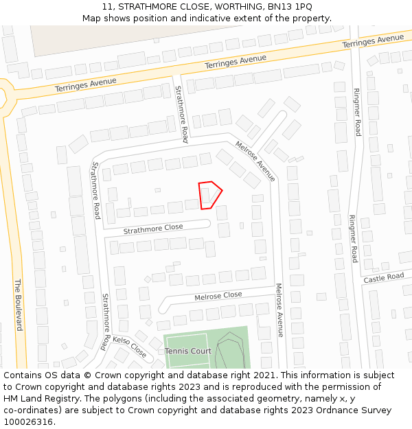 11, STRATHMORE CLOSE, WORTHING, BN13 1PQ: Location map and indicative extent of plot