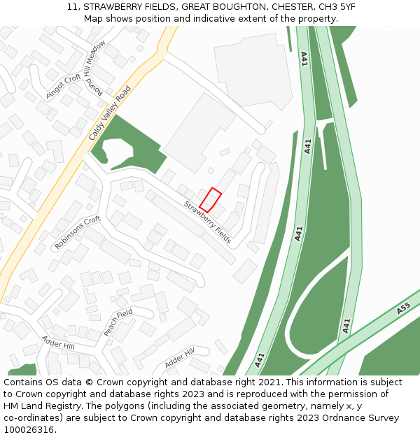 11, STRAWBERRY FIELDS, GREAT BOUGHTON, CHESTER, CH3 5YF: Location map and indicative extent of plot