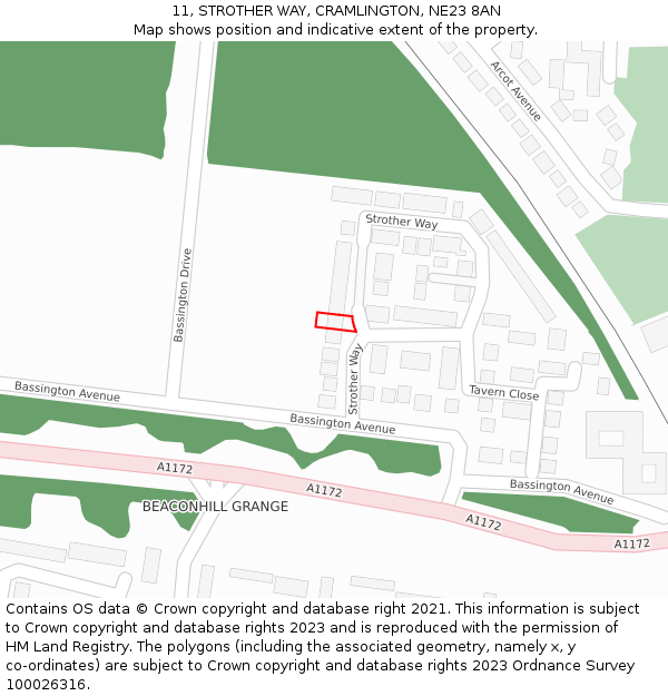11, STROTHER WAY, CRAMLINGTON, NE23 8AN: Location map and indicative extent of plot