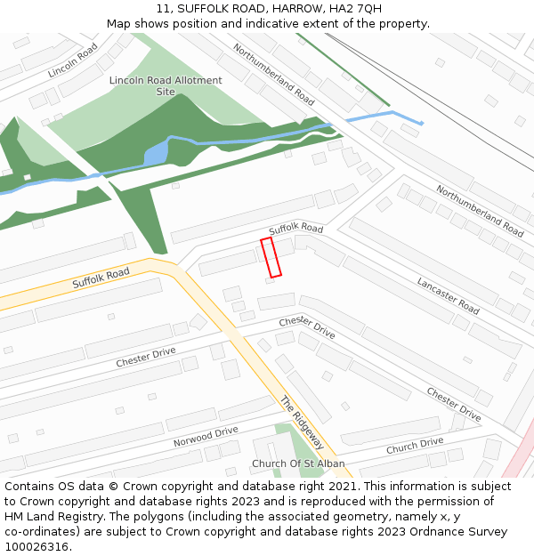 11, SUFFOLK ROAD, HARROW, HA2 7QH: Location map and indicative extent of plot