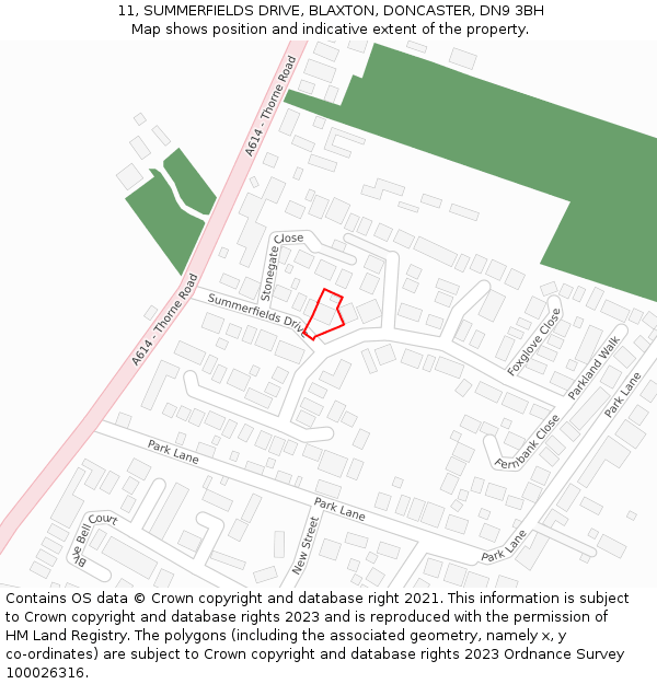 11, SUMMERFIELDS DRIVE, BLAXTON, DONCASTER, DN9 3BH: Location map and indicative extent of plot