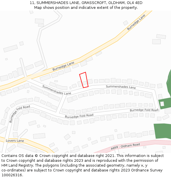 11, SUMMERSHADES LANE, GRASSCROFT, OLDHAM, OL4 4ED: Location map and indicative extent of plot