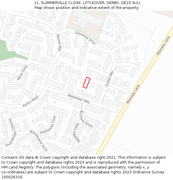 11, SUMMERVILLE CLOSE, LITTLEOVER, DERBY, DE23 3UU: Location map and indicative extent of plot