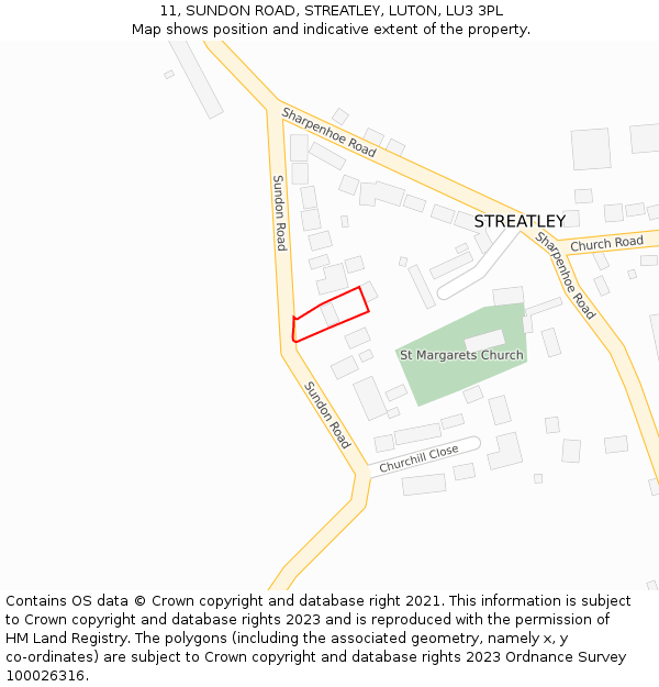 11, SUNDON ROAD, STREATLEY, LUTON, LU3 3PL: Location map and indicative extent of plot