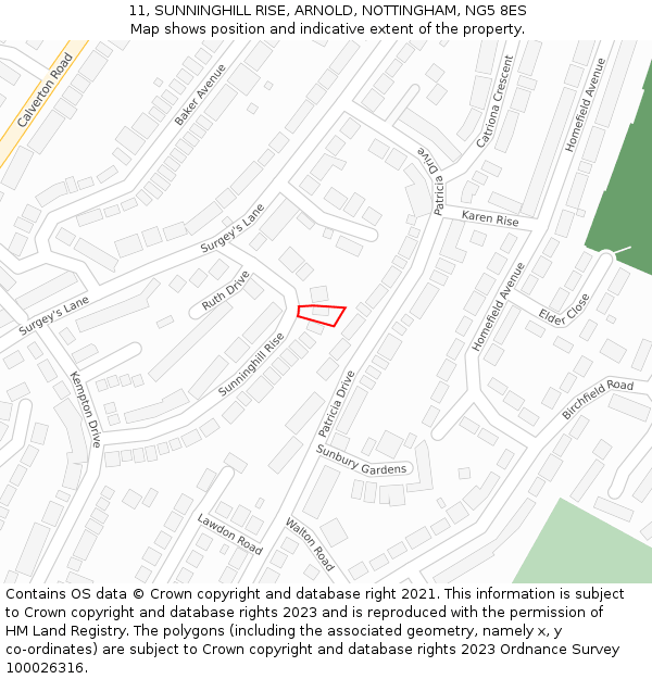 11, SUNNINGHILL RISE, ARNOLD, NOTTINGHAM, NG5 8ES: Location map and indicative extent of plot