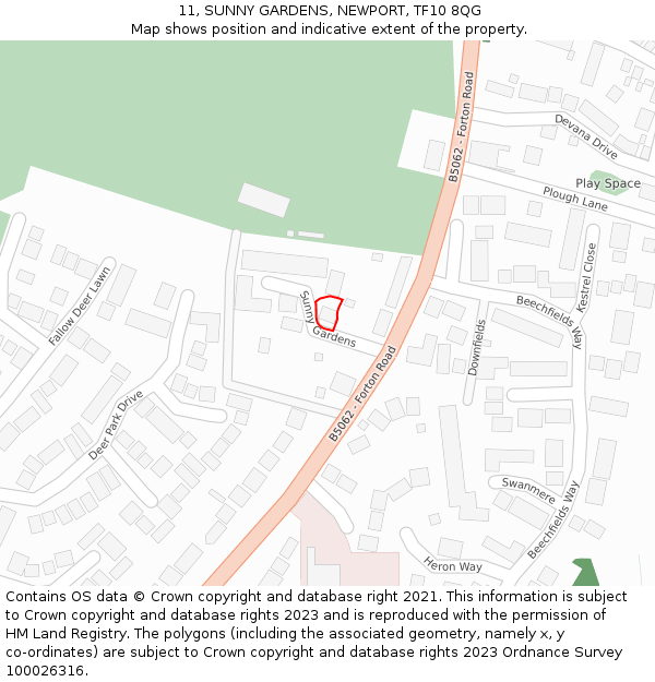 11, SUNNY GARDENS, NEWPORT, TF10 8QG: Location map and indicative extent of plot