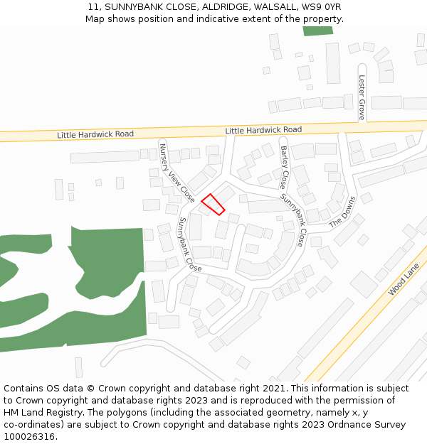 11, SUNNYBANK CLOSE, ALDRIDGE, WALSALL, WS9 0YR: Location map and indicative extent of plot