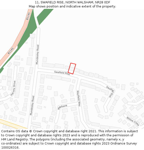 11, SWAFIELD RISE, NORTH WALSHAM, NR28 0DF: Location map and indicative extent of plot