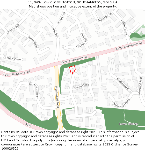 11, SWALLOW CLOSE, TOTTON, SOUTHAMPTON, SO40 7JA: Location map and indicative extent of plot