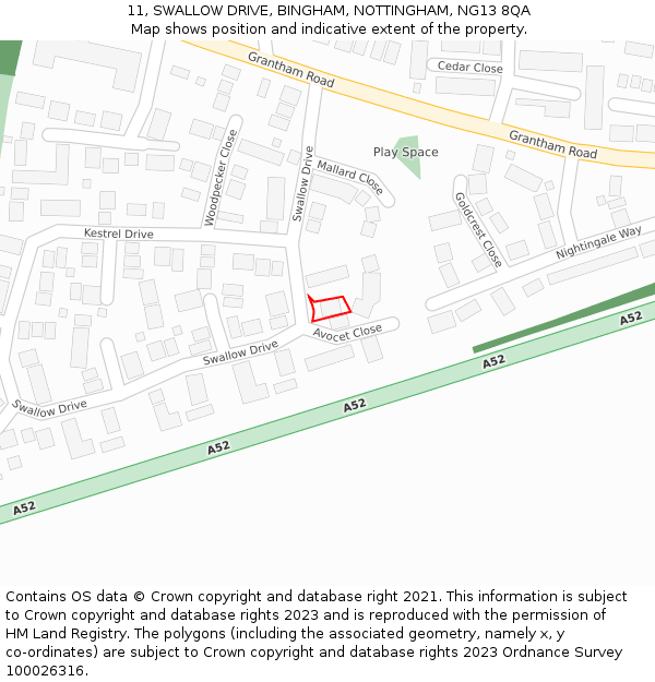 11, SWALLOW DRIVE, BINGHAM, NOTTINGHAM, NG13 8QA: Location map and indicative extent of plot