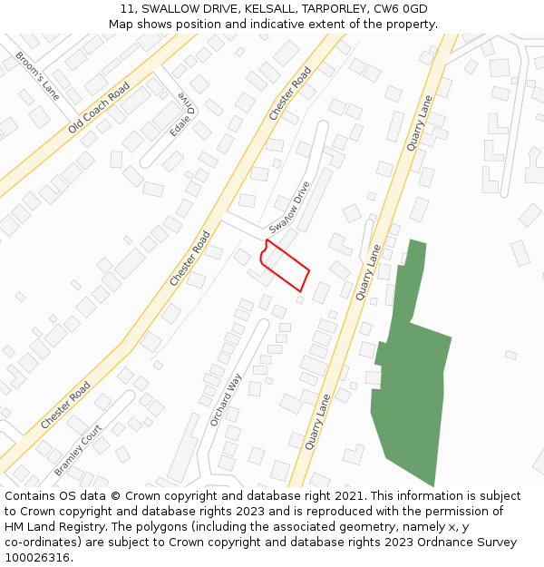 11, SWALLOW DRIVE, KELSALL, TARPORLEY, CW6 0GD: Location map and indicative extent of plot