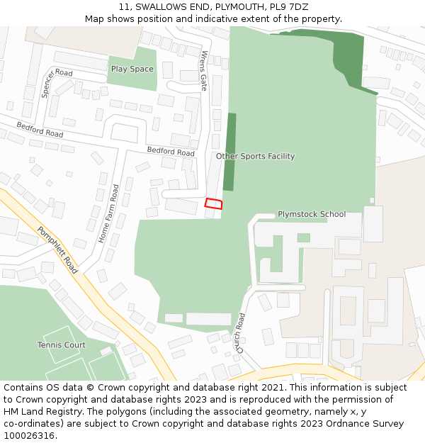 11, SWALLOWS END, PLYMOUTH, PL9 7DZ: Location map and indicative extent of plot