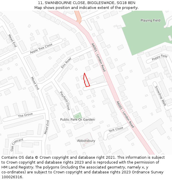 11, SWANBOURNE CLOSE, BIGGLESWADE, SG18 8EN: Location map and indicative extent of plot