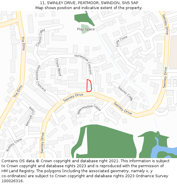 11, SWINLEY DRIVE, PEATMOOR, SWINDON, SN5 5AP: Location map and indicative extent of plot