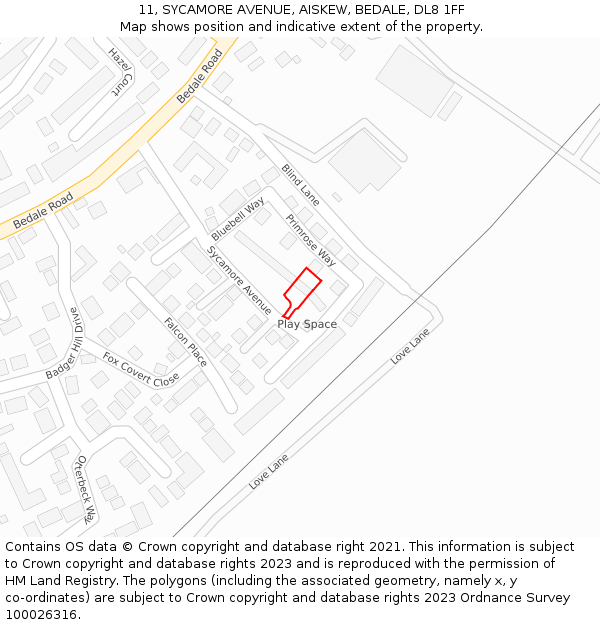 11, SYCAMORE AVENUE, AISKEW, BEDALE, DL8 1FF: Location map and indicative extent of plot