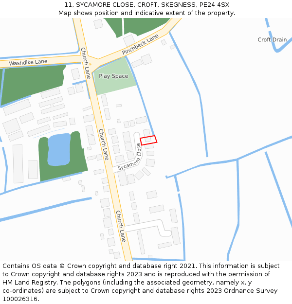 11, SYCAMORE CLOSE, CROFT, SKEGNESS, PE24 4SX: Location map and indicative extent of plot