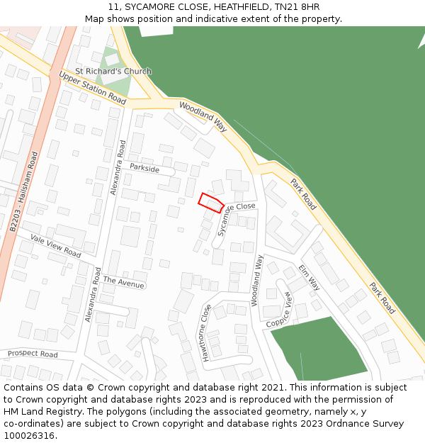 11, SYCAMORE CLOSE, HEATHFIELD, TN21 8HR: Location map and indicative extent of plot