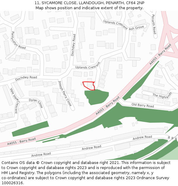 11, SYCAMORE CLOSE, LLANDOUGH, PENARTH, CF64 2NP: Location map and indicative extent of plot