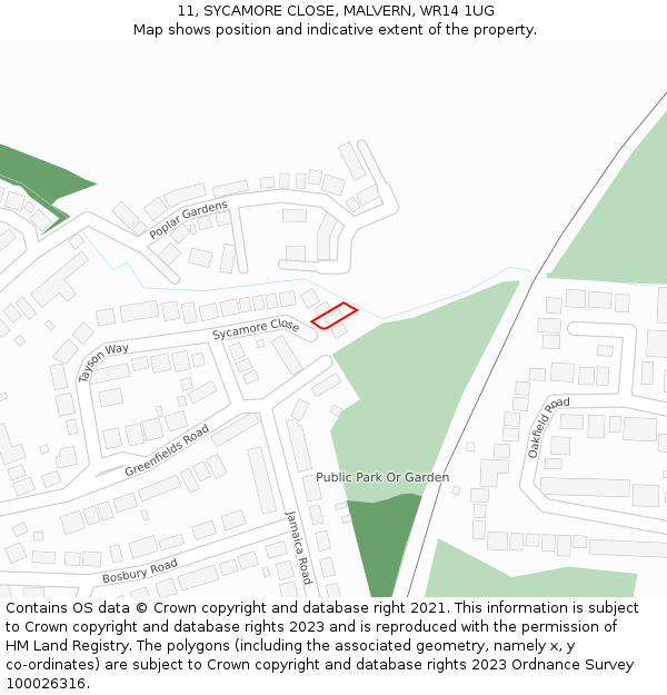 11, SYCAMORE CLOSE, MALVERN, WR14 1UG: Location map and indicative extent of plot