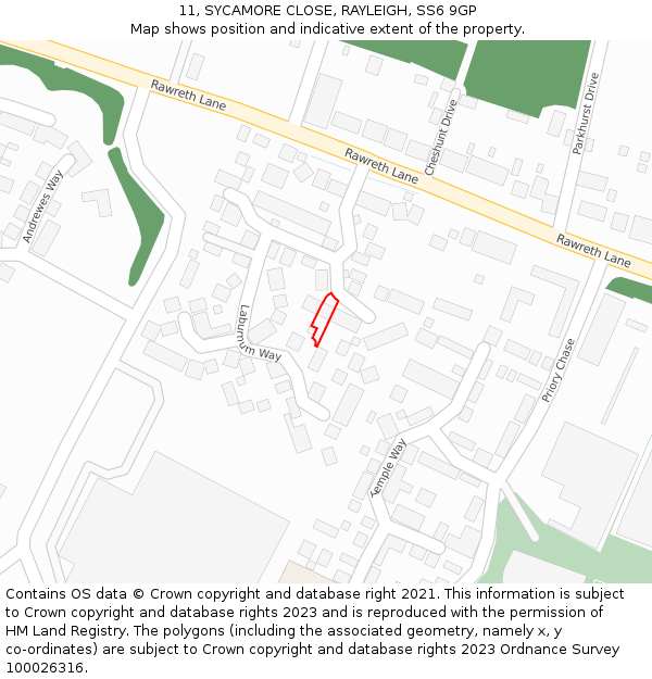 11, SYCAMORE CLOSE, RAYLEIGH, SS6 9GP: Location map and indicative extent of plot