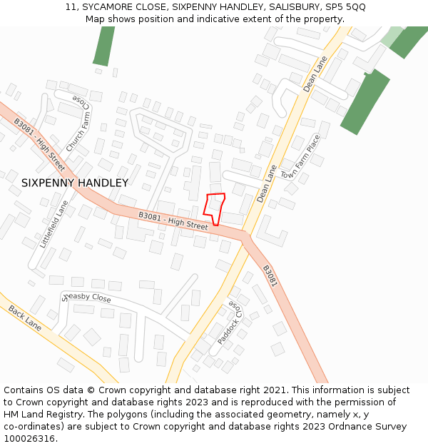 11, SYCAMORE CLOSE, SIXPENNY HANDLEY, SALISBURY, SP5 5QQ: Location map and indicative extent of plot