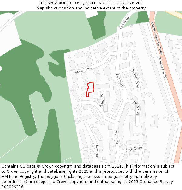 11, SYCAMORE CLOSE, SUTTON COLDFIELD, B76 2PE: Location map and indicative extent of plot