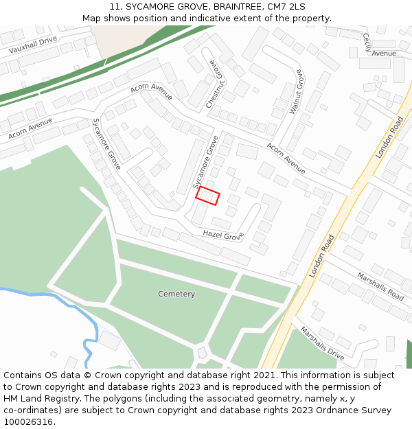 11, SYCAMORE GROVE, BRAINTREE, CM7 2LS: Location map and indicative extent of plot