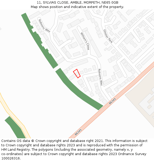 11, SYLVIAS CLOSE, AMBLE, MORPETH, NE65 0GB: Location map and indicative extent of plot