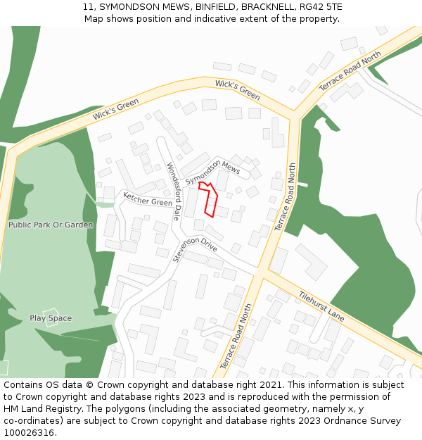 11, SYMONDSON MEWS, BINFIELD, BRACKNELL, RG42 5TE: Location map and indicative extent of plot