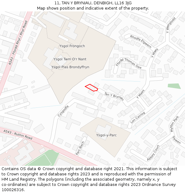 11, TAN Y BRYNIAU, DENBIGH, LL16 3JG: Location map and indicative extent of plot